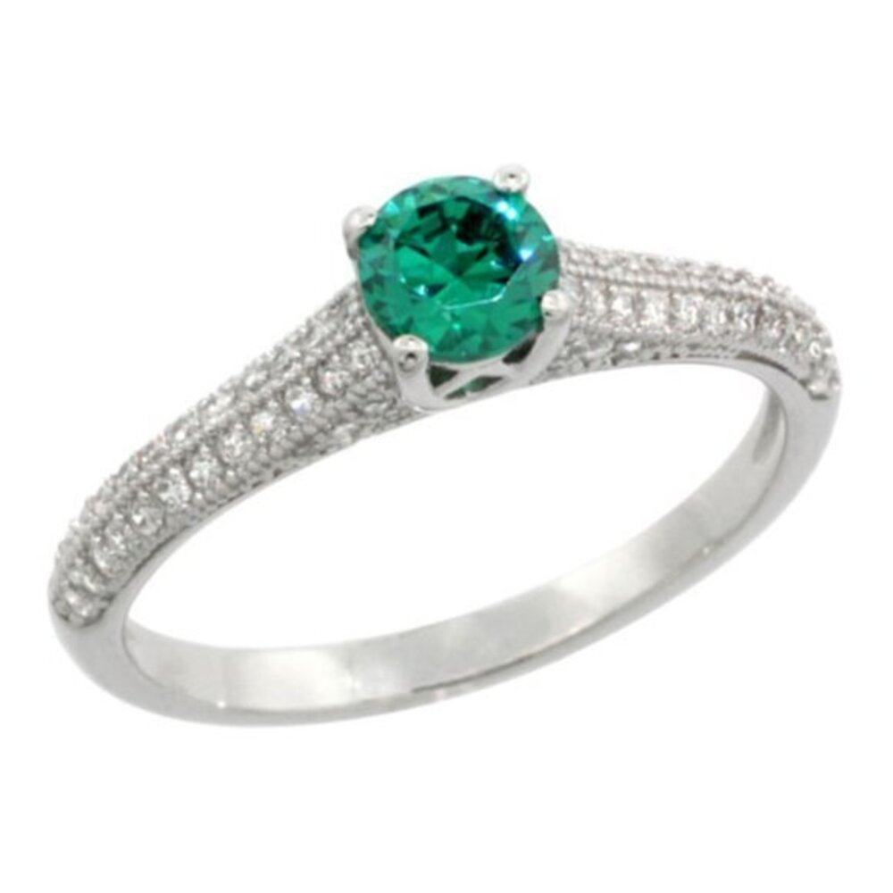 Sterling Silver Cubic Zirconia Micro Pave Round Green Center Stone Ring